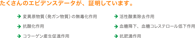 たくさんのエビデンスデータが、証明しています。 変異原物質(発ガン物質)の無毒化作用→ 抗酸化作用 →コラーゲン産生促進作用 →活性酸素除去作用 →血糖降下、血糖コレステロール低下作用 →抗肥満作用